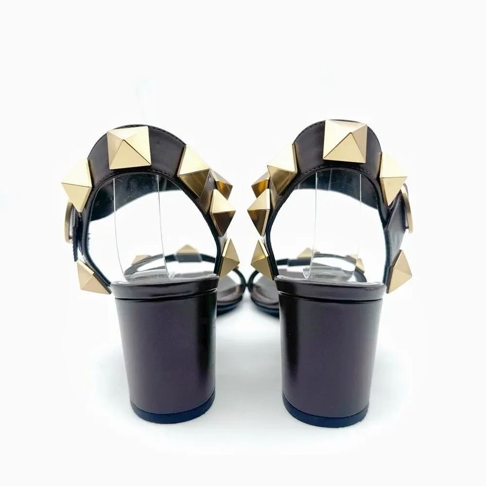 VALENTINO Brown Rockstud Heels Size 37 Sandal Leather Block Heel Ankle Strap